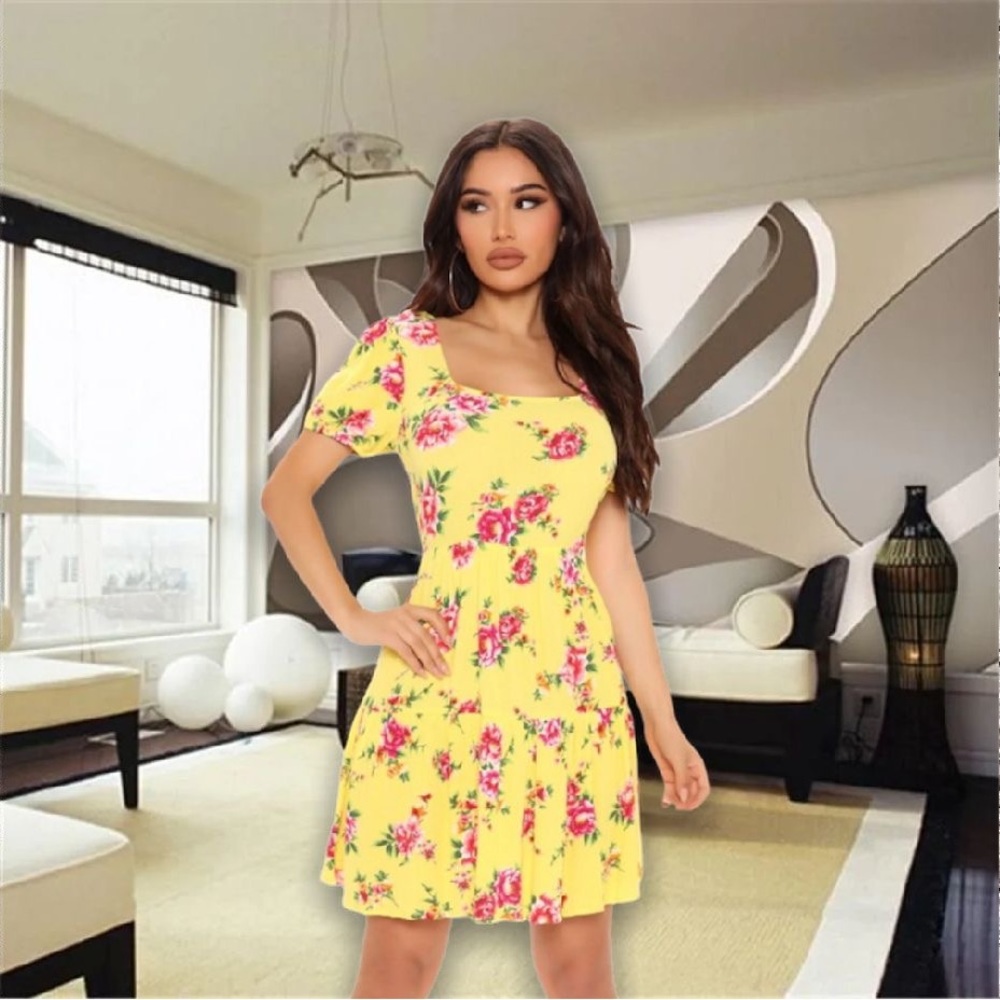 Beautiful Lightweight Breanna Puff Sleeve Yellow Bohemian Floral Mini Dress - Picture 11 of 13